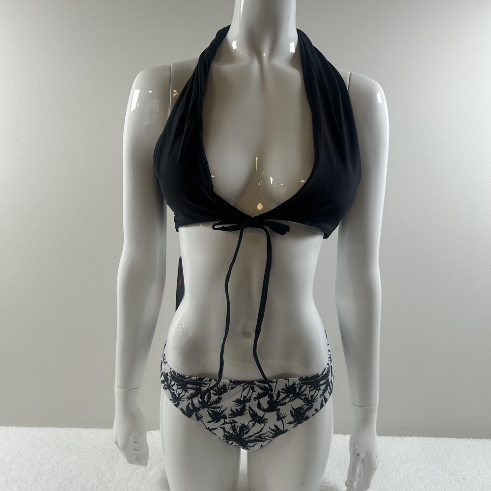 SHEKINI‎ Bikini Set Womens L Black Halter Top Palm Print Bottoms Tropical Swim